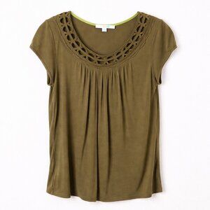 Boden Olive Green Macramé Short Sleeve Top 8P | Flowy Viscose Blouse